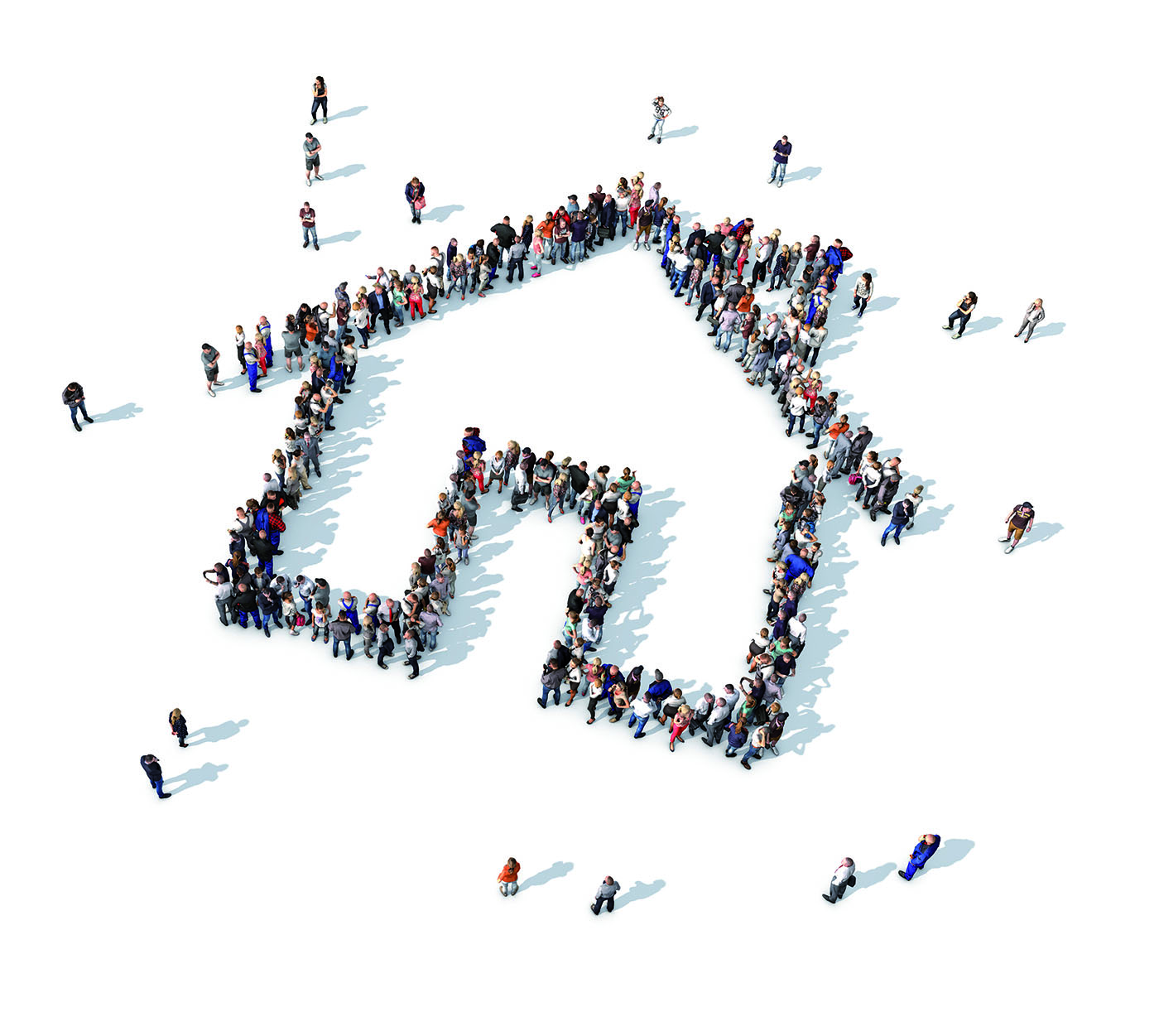 Large collection of people grouped together to form a house icon